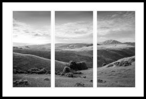 Black and white triptych photograph of black mountain, tomales bay and inverness ridge as seen from olema hill, california.